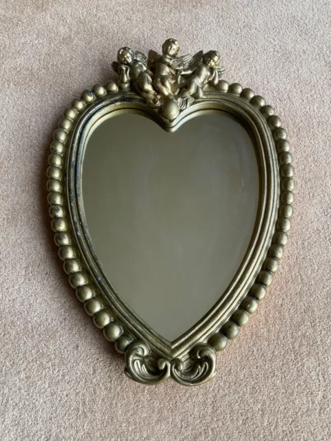 Vintage Gilt Heart Shaped Plaster Cherub Wall Mirror Beautiful Mid Century Retro