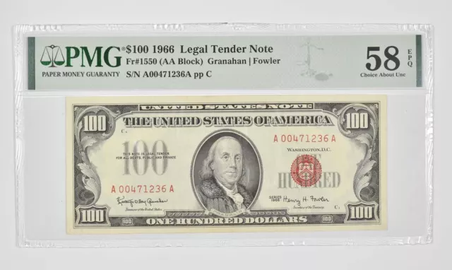 $100 1966 US Legal Tender Note Red Seal PMG 58 EPQ Fr# 1550 (AA Block) *0981