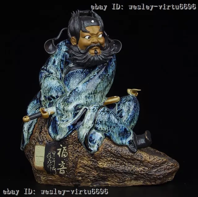 China WuCai Porcelain Pottery Feng Shui Zhong Kui Hold Bat Hold Sword Statue