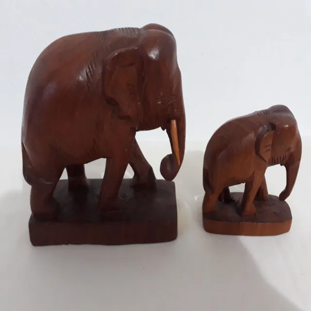 Vintage Hand Carved Wood Elephant Figurine Wooden Statue Decor Wth Tusks 5" Tall