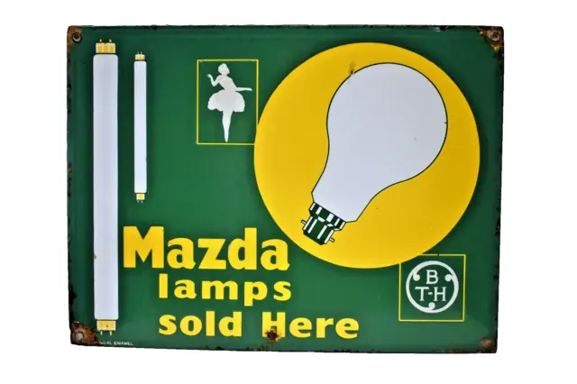 Vintage Porcelaine Émail Signe Board Mazda Lamps Vendu Here Publicité