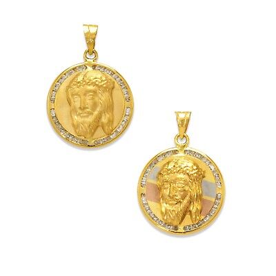 Jesus Christ Face Pendant Religious CZ Charm Solid 14K Yellow Tricolor Real Gold