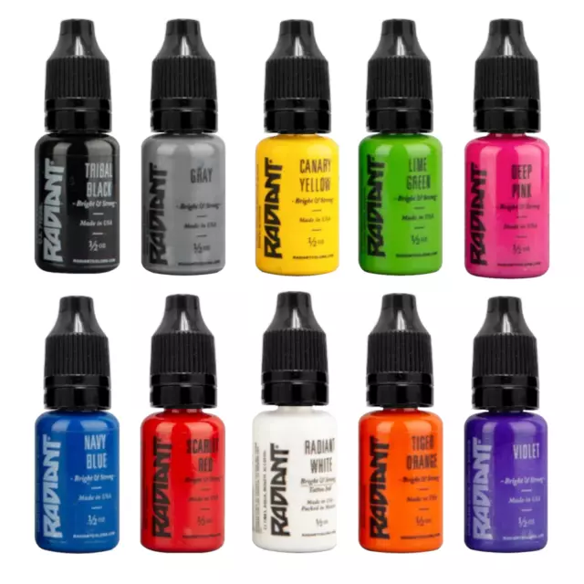 RADIANT COLORS 10 Color Tattoo Ink Set 1/2oz Bottles Kit Pigment MADE IN USA