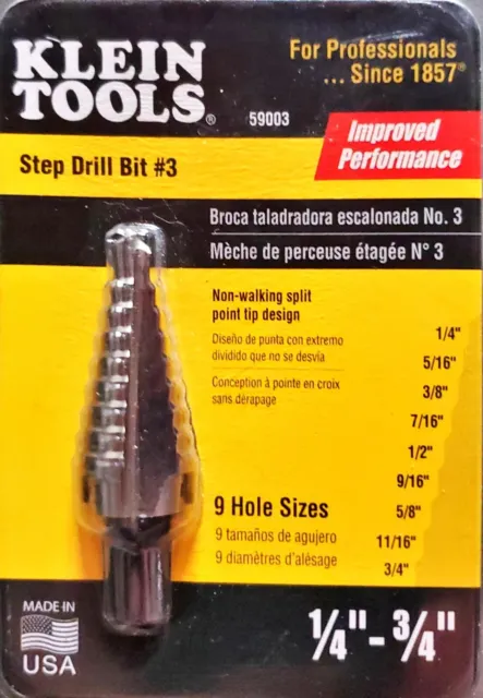 Klein Tools 59003 Step Drill Bit #3 1/4" to 3/4" - 9 Hole Sizes (NEW!)