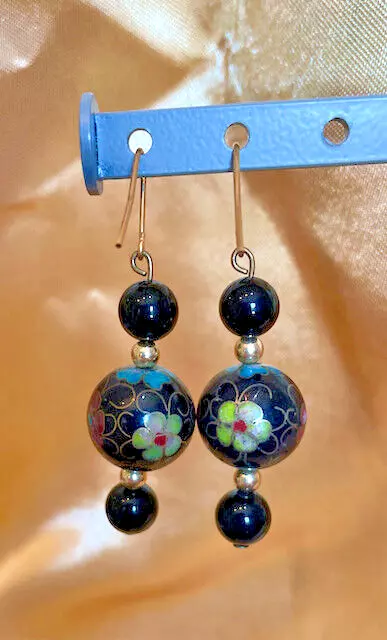 Vintage Multicolored Cloisonné Enamel Flowers on Black Bead Dangle Drop Earrings 2