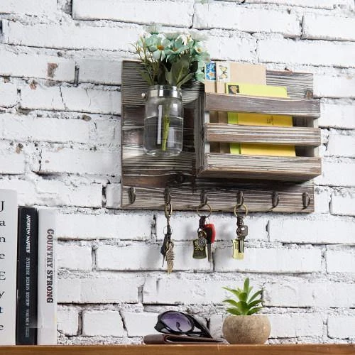 Torched Wood Mail Sorter with 6 Hooks & Mason Jar, Key Hooks & Mail Holder Rack