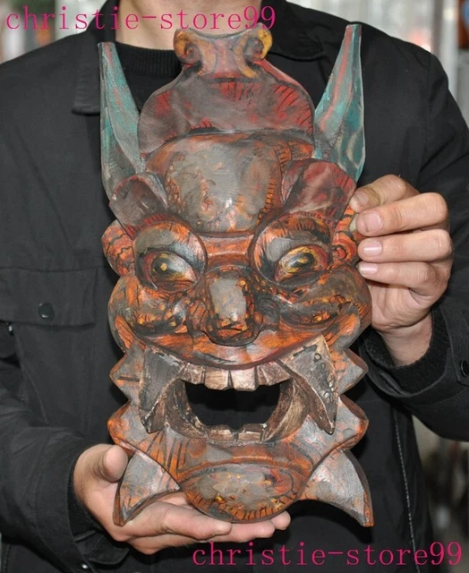 12.8" China Old wood painted carved wizard pray Human face mask statue