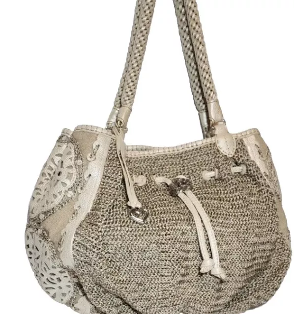 Brighton White Linen Irina Leather Lace Crocheted Weaved Handels Handbag Mrp$410
