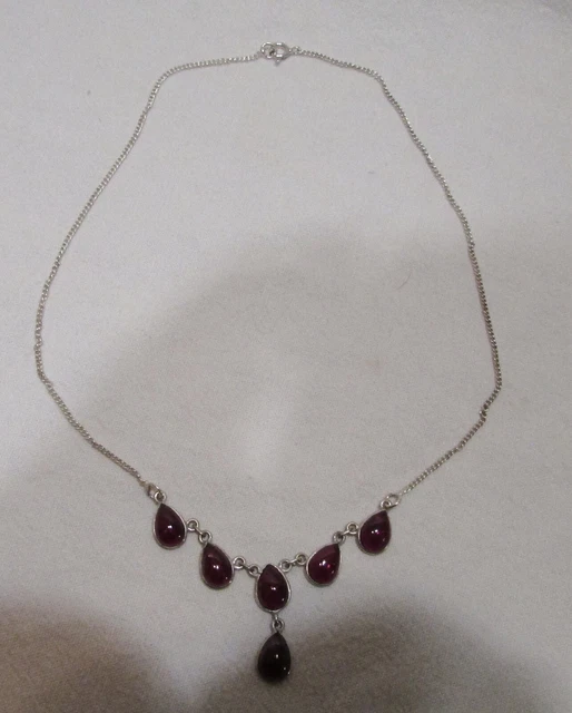 Collier Ras De Cou En Argent Et Améthystes Cabochons - Longueur 39 Cm, Occasion Parfait état