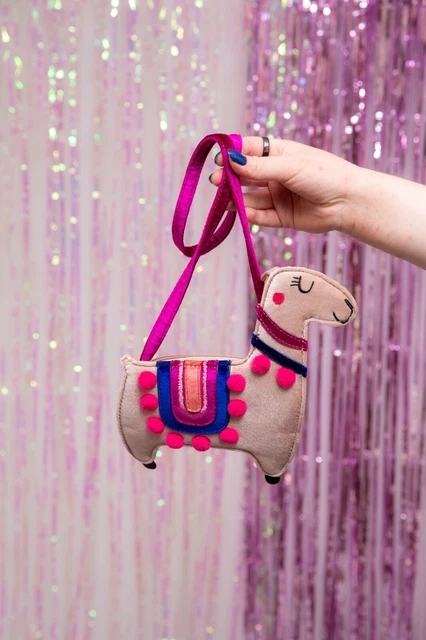 Borsa a tracolla Pompom Llama in velluto rosa e viola a forma di novità borsa a tracolla