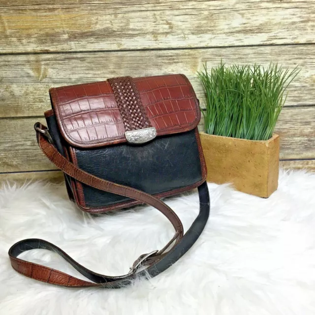 Vntg Brighton Black and Brown Croc Trim Leather Purse Shoulder Bag Crossbody