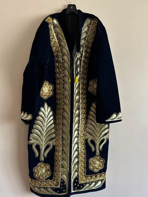 Majestic Uzbek/Tajik Men's Wedding Chapan (Robe)- Midnite Blue Velvet Zardozi