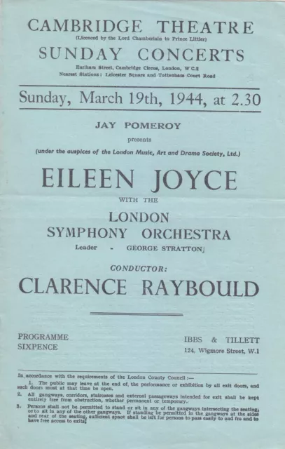Concert Programme 1944 Cambridge Theatre Eileen Joyce Clarence Raybould