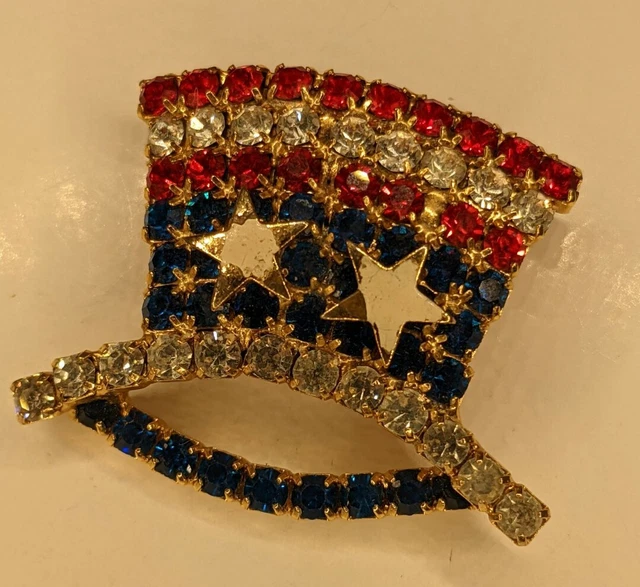 Vintage gold plated Uncle Sam Rhinestone Hat Pin