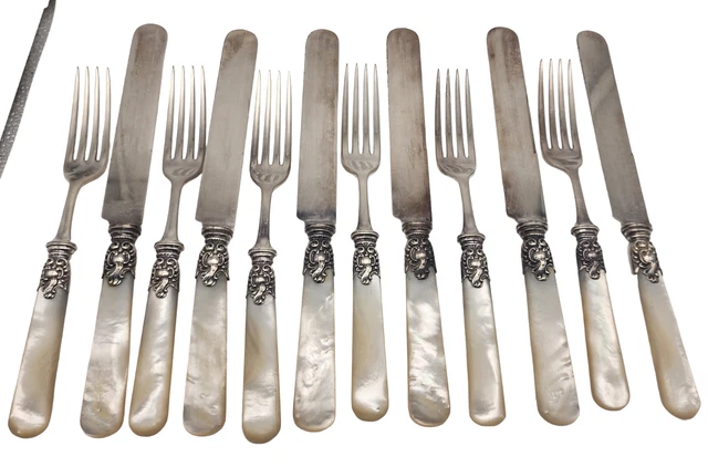 ANTIQUE Set of Silver Plate Forks & Knives w/ Sterling Ferrules & MOP Handles