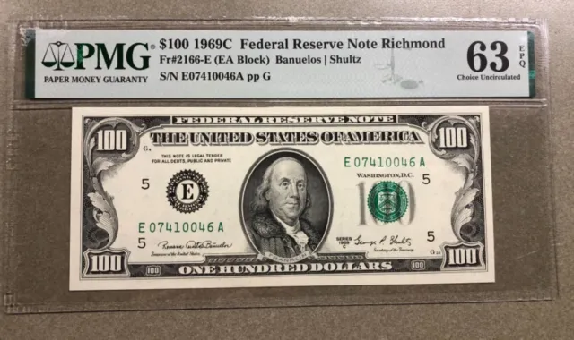 Fr. 2166-E 1969-C $100 Frn Federal Reserve Note Richmond, Va Pmg 63Epq