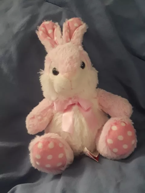 Linzy Toys Bunny Rabbit 9" Plush Pink White Ears Feet Polka Dots Easter Stuffy