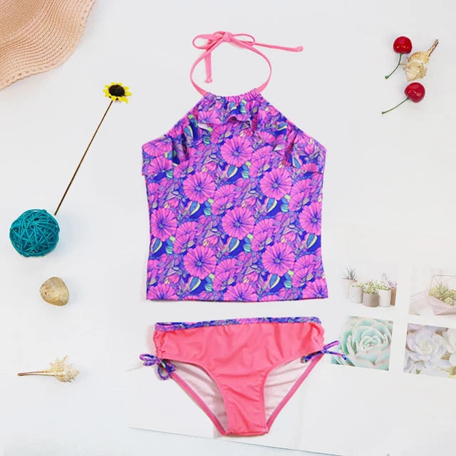 Girl 5t Bathing Suit Girls Flower Print Suit Summer Suspender Pleated Top Shorts