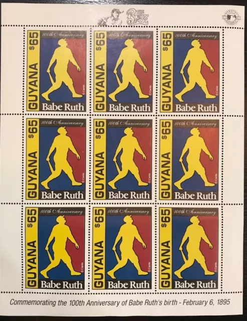 Guyana- 1995 100th Anniversary Babe Ruth's Birth Stamp- sheetlet of 9 #2912