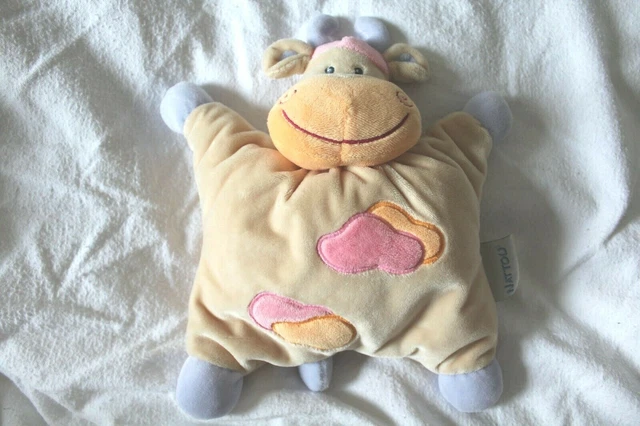 Doudou  semi plat vache beige NATTOU grelot brode nuage rose orange bleu 25 cm