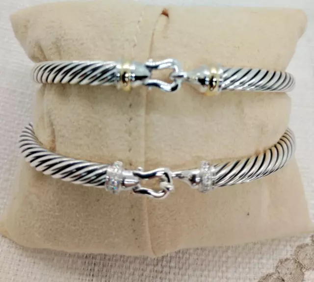 Pre-owned DAVID YURMAN Sterling Silver Diamond 5mm Cable Buckle Bracelet