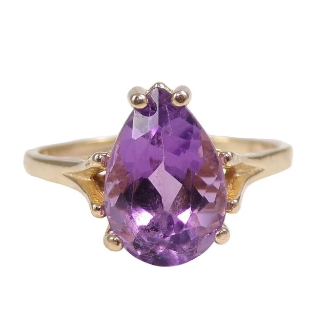 Solider 14K Gelbgold Lila Amethyst Träne Tropfen Ring Größe 8,5