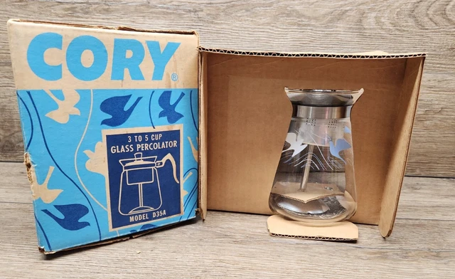 NEW Beautiful Vintage Cory Glass Coffee Percolator Pot D35A ~ MCM Blue Birds NEW Beautiful Vintage Cory Glass Coffee Percolator Pot D35A ~ MCM Blue Birds