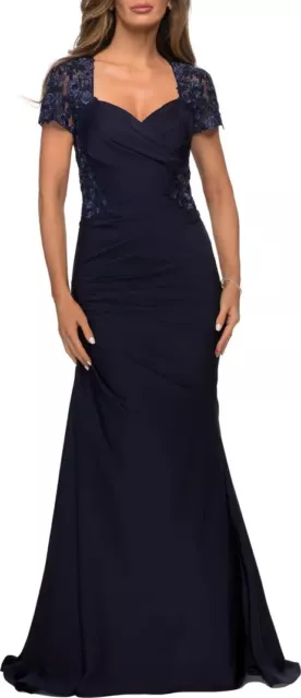 New La Femme Lace Back Satin Trumpet Gown In Navy Size 14 Retail $538