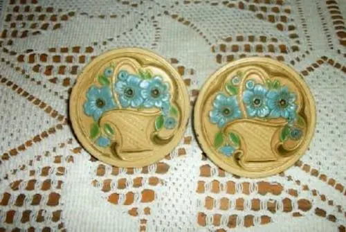 1920s FLOWER BASKET CURTAIN PINS METAL HP FRENCH BLUE BUTTERY CREAM ANTIQUE