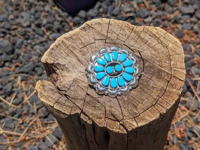 Native American Cluster Block Turquoise Manta Pin Sterling Silver Signed