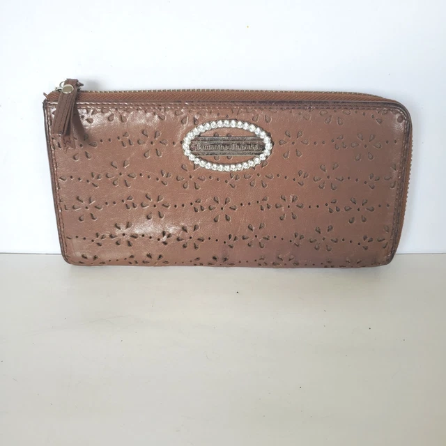 Samantha Thavasa Zip-Around Leathe Wallet Accordion Large Brown Floral Laser Cut