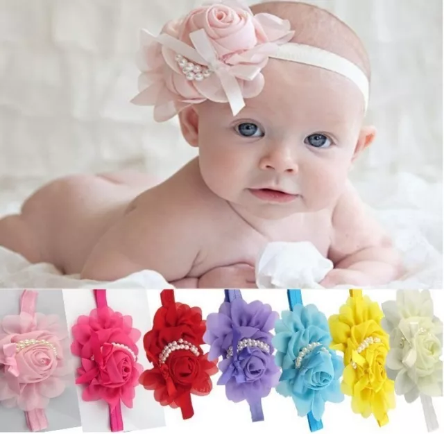 Infant Baby Toddler Girls Rose Flower Pearls Soft Elastic Headband Hair Band