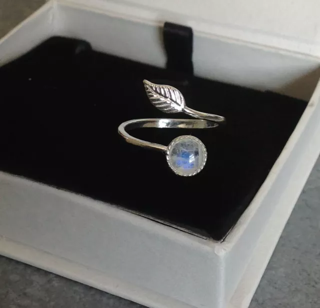 925 Sterling Silver Feather Ring Rainbow Moonstone Adjustable Ring
