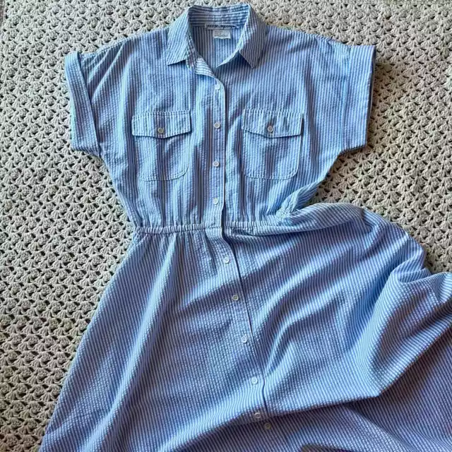 Vintage 80s Blue and White Striped Button Front Cotton Spring Dress Size 10
