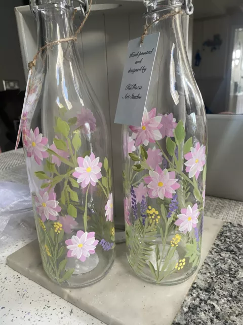 Hand Painted Glass Drinks Water Fridge Table Bottle Pink Floral Meadow Design