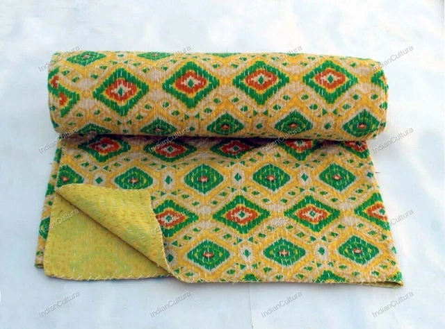 Joli Jeté De Lit Reine Brodé Kantha, Style Bohème Hippie – Motifs Fleuris En Coton Léger