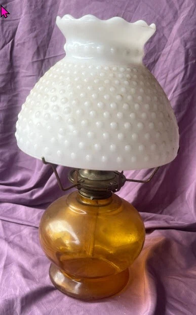 Vintage Kerosene Lamp with Milk Glass Hobnail shade and Amber base