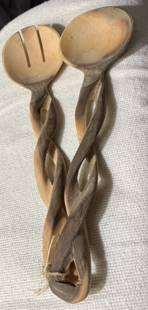 VTG Hand Carved Olive Wood Salad Serving Set Barley Twist Open Handle Spoon Fork