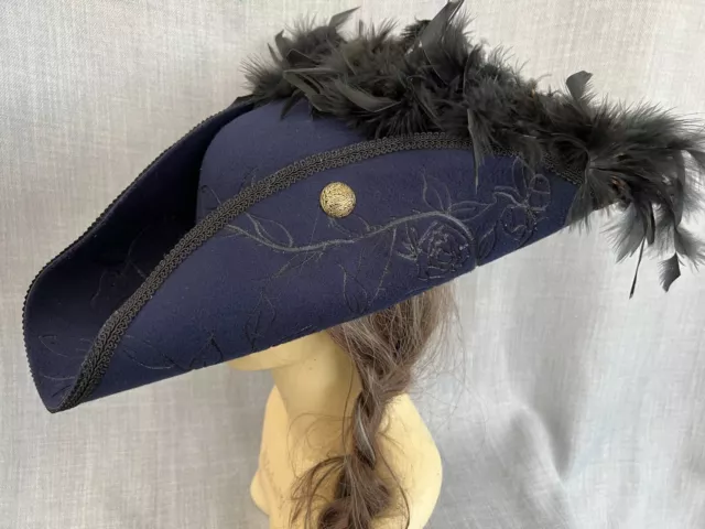 Unisex Navy Blue Tricorn Pirate Hat Renaissance Feathers Pyrography 57cm (14)