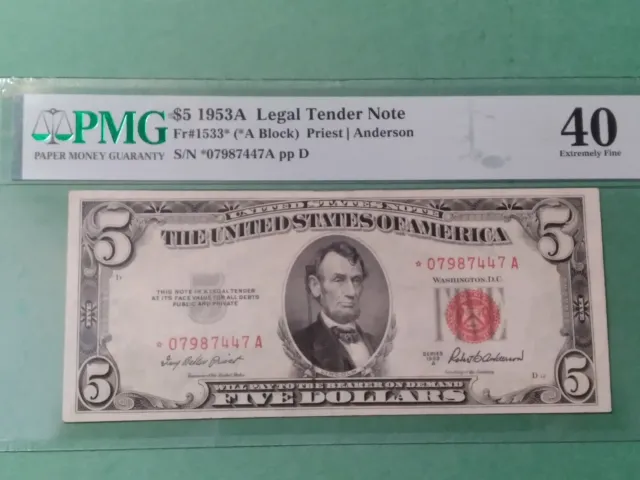 1953 A $5 Legal Tender Star Note Fr#1533* PMG 40 FREE SHIPPING