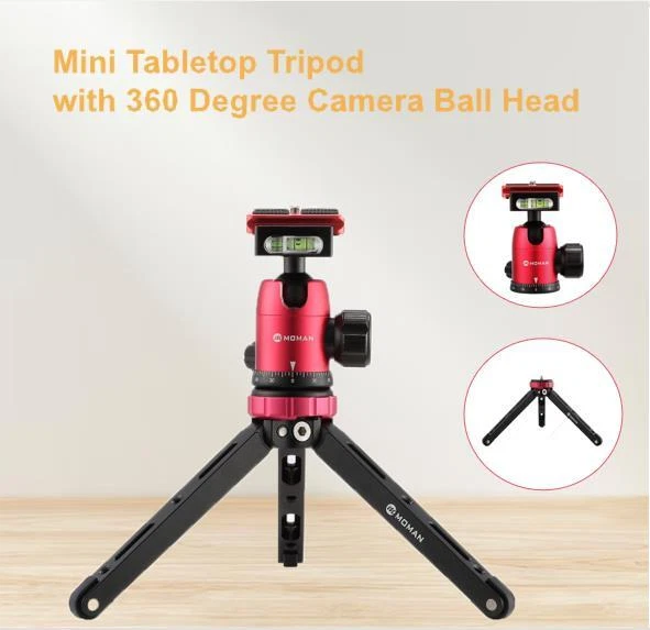 Moman Mini Tripod TR01 Small Table Tripod Small Camera Tripod CNC Aluminium 1/4 3/8 Screw Attachment Max. 80 Kg Load Black Red