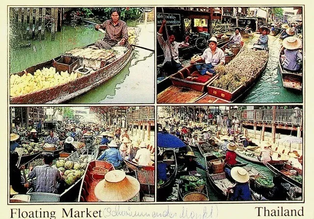 SIAM THAILAND FLOATING MARKET BANGKOK AIRMAIL PPC POSTCARD W8b TO VIENNA AUSTRIA