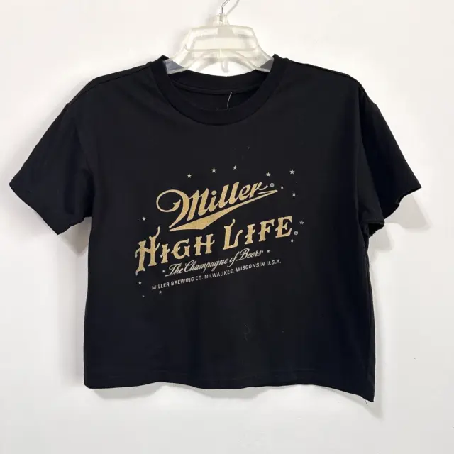 Miller Lite High Life Tshirt Tee Womens Crop S Black Concert Festival Casual NEW