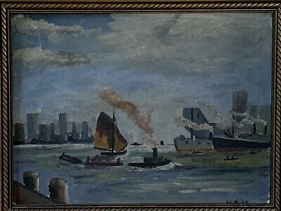 1942 Impressionist WWII-era New York Harborscape Oil Painting by Harry Bolick