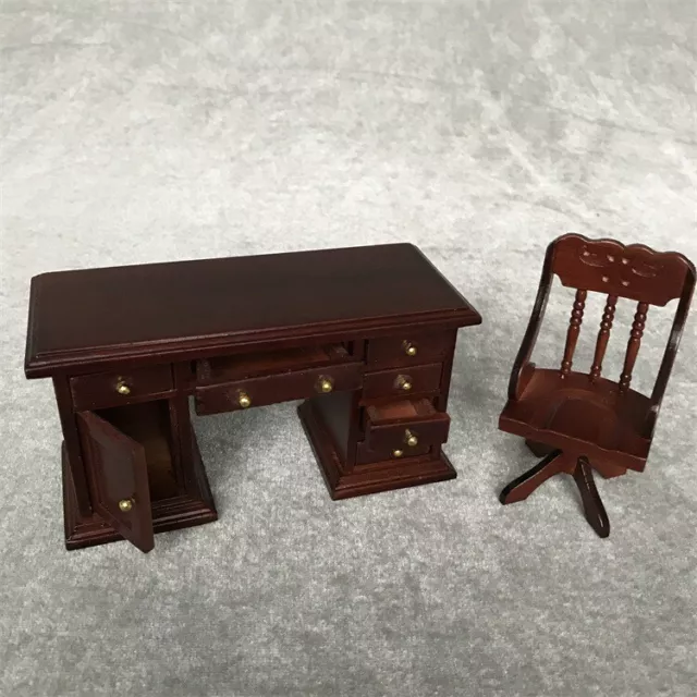 2PC Handmade Miniatures 1:12 Scale Dollhouse Desk Chair Set Office Furniture