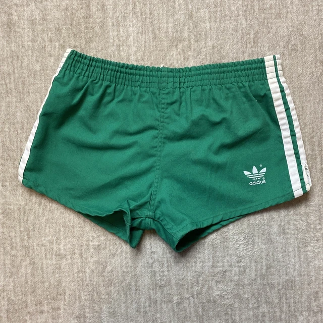 Vintage 80s Adidas Shorts Lined Green 3 Stripe Trefoil Running Gym Youth Medium