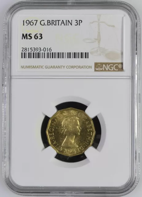 1967 Great Britain Brass Three Pence NGC MS 63