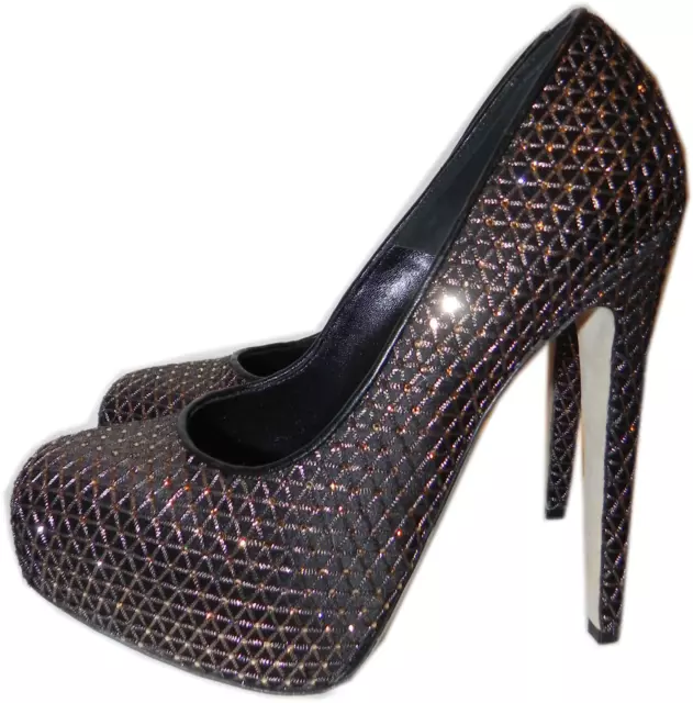 Brian Atwood Pumps Maniac Platform Black Crystal Net Coated Shoes38.5