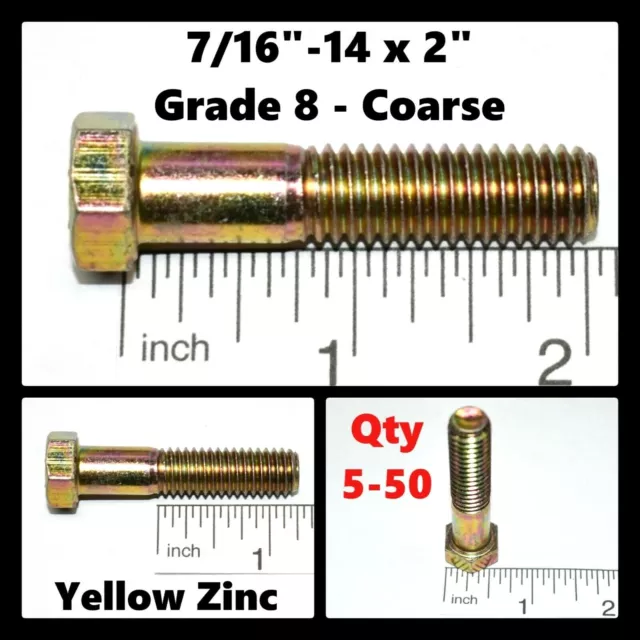 7/16"-14 x 2" Grade 8 Bolts Partial Thread Yellow Zinc Qty 5 - 50 Your Pick