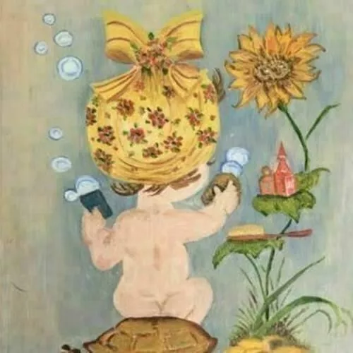 Baby Bath Time Painting 7 In Decor Acrylic Cute Bubbles Turtle Sunflower Vintage